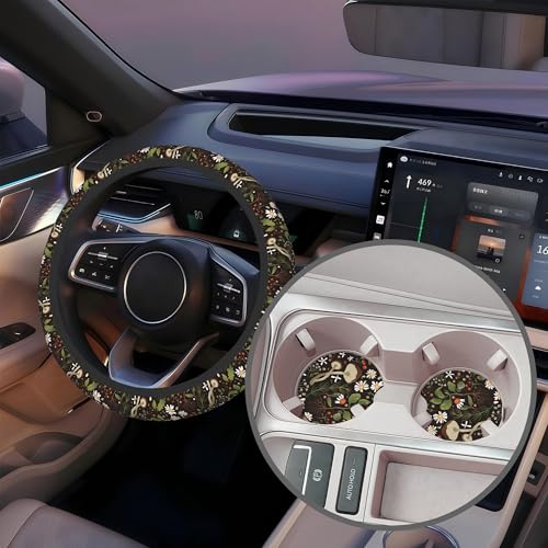 Mushrooms and Herbs Steering Wheel Cover with 2 Pcs Car Coasters Neoprene Steering Wheel Cover for Women Men Anti-Slip Breathable Car Accessories Universal 15 Inch Fit Auto Cars Trucks - color: Mushrooms and Herbs