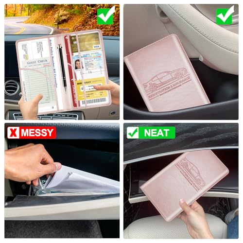 PLOJOP Car Registration and Insurance Card Holder, Leather Vehicle Insurance Card Holder Glove Box Compartment Organizer, Car Wallet Case for License Cards, ID Card, Business Card (Rose gold, L) - color: Rose gold