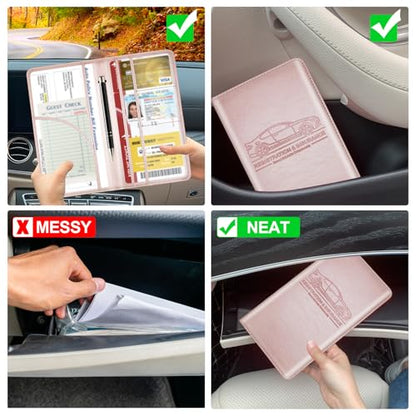 PLOJOP Car Registration and Insurance Card Holder, Leather Vehicle Insurance Card Holder Glove Box Compartment Organizer, Car Wallet Case for License Cards, ID Card, Business Card (Rose gold, L) - color: Rose gold