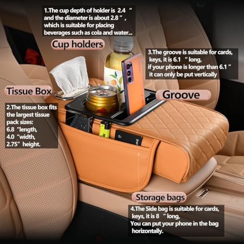 Car Armrest Cushion,5-in-1 Center Console Cover with 2 Storage Bags Cup Holder, Tissue Box Slot, Phone Slot for Sedans, Car Accessories Interior Organizers (Pink)