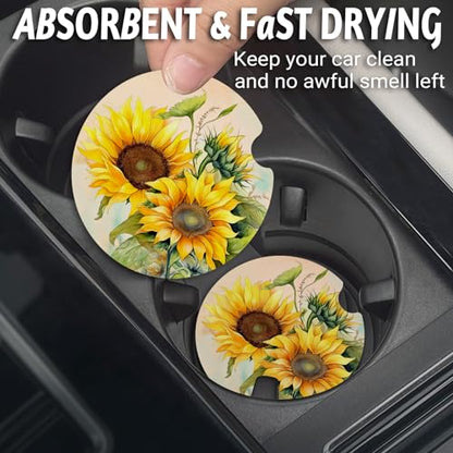 Yonlevres Car Coasters for Cup Holders, 2.75" Anti Slip Rubber Mat with a Finger Notch, 2 Pack Sunflower - color: Sunflower