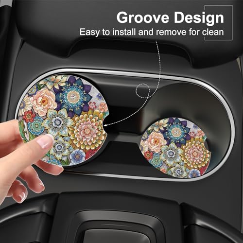 Car Cup Holder Coaster, Car Coasters for Cup Holders, 4 Pack Universal Anti Slip Insert Absorbent Ceramic Auto Interior Accessories with A Finger Notch & Cork Base, Mandala Flowers
