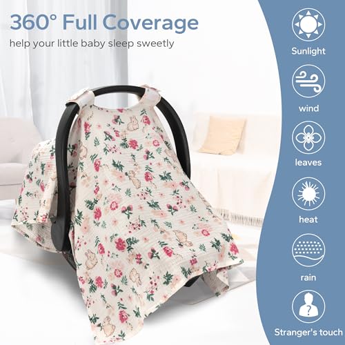SERAPHY 100% Muslin Cotton Car Seat Covers for Babies, Universal Baby Car Seat Cover, Breathable Muslin Carseat Cover Canopies for Boys and Girls, Soft Infant Car Seat Cover for Summer — Rabbits - color: Rabbits