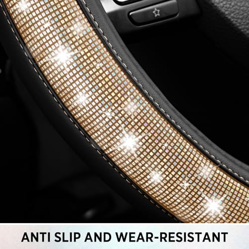 Road Comforts Pixel Glitter Steering Wheel Cover, 14.5–15 Inch Leather Steering Wheels Snug Fit, Anti-Slip Leather Grip, Elegant Sparkle Design, Universal Fit - Golden