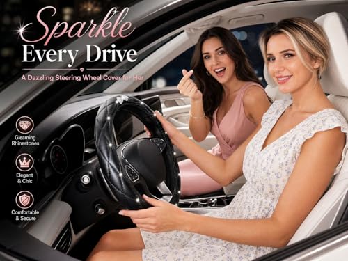 Bling Sparkly Crown Soft Leather Car Steering Wheel Cover for Women Girl,Bling Diamond Crystal Glitter Rhinestones Universal Fit 14.5in-15in Auto Wheel Protector for Suvs,Vans,Sedans,Cars (Bow-Black) - color: Bow-Black