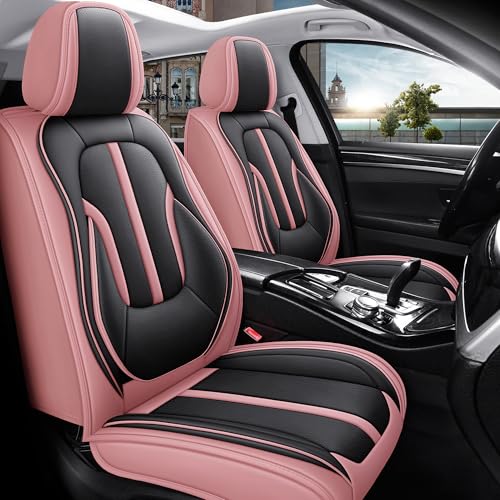 otoez Pink Car Seat Covers Full Set, 5 Seats Nappa Leather Seat Covers for Car, Breathable Automotive Front and Back Seat Protectors with Lumbar Support for Sedan SUV Truck Van, Black & Pink