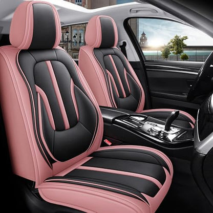 otoez Pink Car Seat Covers Full Set, 5 Seats Nappa Leather Seat Covers for Car, Breathable Automotive Front and Back Seat Protectors with Lumbar Support for Sedan SUV Truck Van, Black & Pink