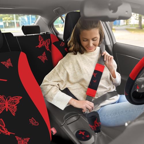 BBTO 47 Pcs Car Seat Full Set Car Accessories for Women 5 Front Rear Seat Covers Wrist Strap 2 Pieces Cup Mat Armrest Pad 2 Belt Cover Accessories for SUV(Red Black)