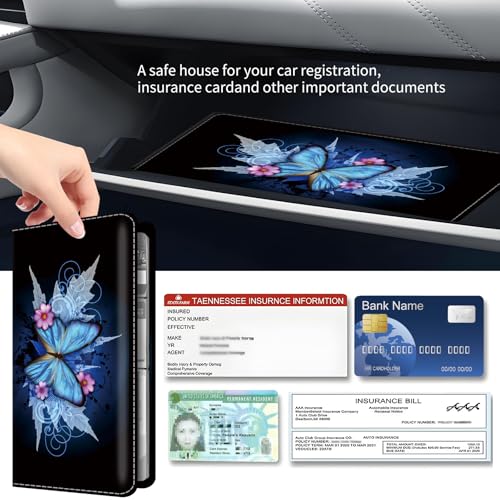Premium Car Registration and Insurance Card Holder, Cute PU Leather Car Document Holder, Vehicle Glove Box Car Organizer with Magnetic Closure for Driver License, Cards Retro Blue Butterfly - color: Retro Blue Butterfly