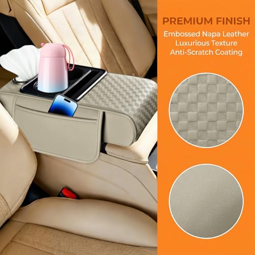 Car Center Console Armrest Pillow, 5-in-1 Armrest Box Cover with Cup Phone Holder & Storage Pocket Tissue Box, Multifunctional Auto Middle Console Arm Rest Protector, Universal Fit (Beige) - color: Beige