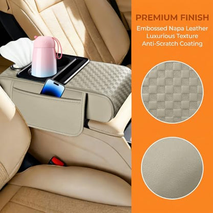Car Center Console Armrest Pillow, 5-in-1 Armrest Box Cover with Cup Phone Holder & Storage Pocket Tissue Box, Multifunctional Auto Middle Console Arm Rest Protector, Universal Fit (Beige) - color: Beige