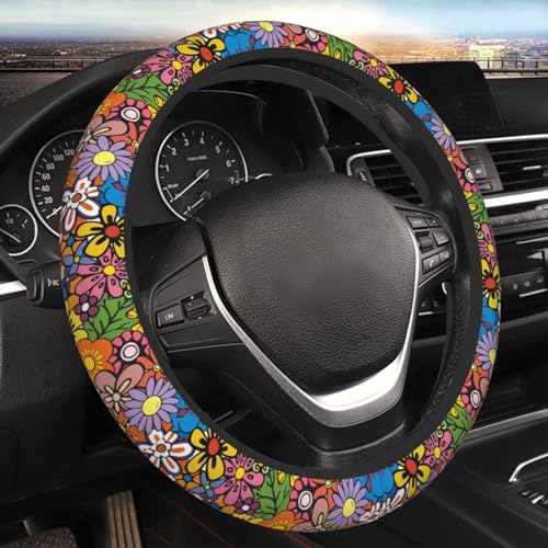 Hippie Flower Floral Retro Steering Wheel Cover for Women Men Girls Car Accessories Decor Anti-Slip Neoprene Auto Steering Wheel Covers Protector Universal 15 Inch - color: 17