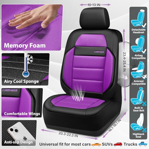 CAR PASS Memory Foam Seat Covers Full Sets, Airy Cool Mesh Thick Car Seat Covers Women, Leather Car Seat Covers 5 Seats Airbag Compatible, Universal Automotive Comfort for Cars, Trucks, SUV, Purple - color: purple