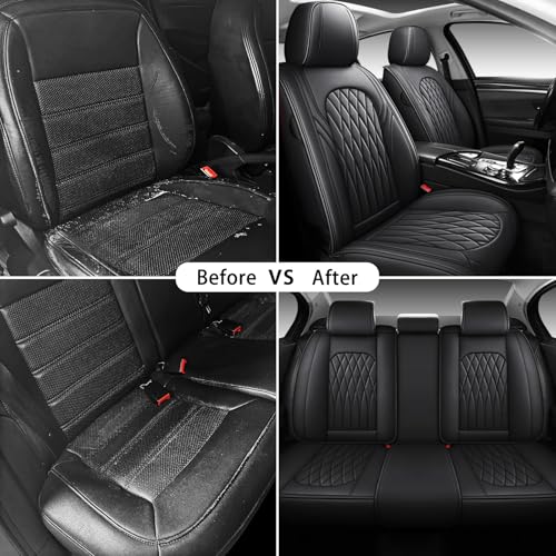 WELLDO Nappa Faux Leather Car Seat Covers Full Set, Waterproof Non-Slip Seat Protector, 0.28in Thickened Cushion, Airbag Compatible Universal Seat Covers for Cars SUV Truck Pickup, Black