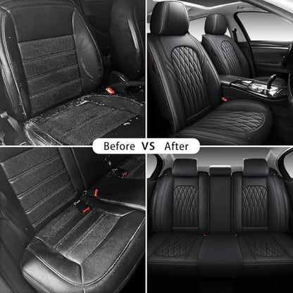 WELLDO Nappa Faux Leather Car Seat Covers Full Set, Waterproof Non-Slip Seat Protector, 0.28in Thickened Cushion, Airbag Compatible Universal Seat Covers for Cars SUV Truck Pickup, Black