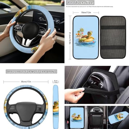 Forchrinse 15Pack Car Accessories Set Hawaiian Sea Turtle Car Seat Cover Full Set+Steering Wheel Cover+Car Trash Can+Seatbelt Cover+Coaster+Keychain - color: Hawaiian Sea Turtle Print