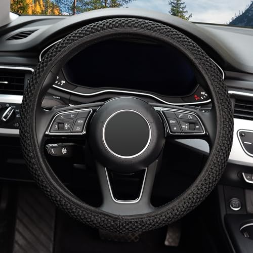 KAFEEK Elastic Stretch Steering Wheel Cover,Warm in Winter and Cool in Summer, Universal 15 inch, Microfiber Breathable Ice Silk, Anti-Slip, Odorless, Easy Carry,Black - color: black
