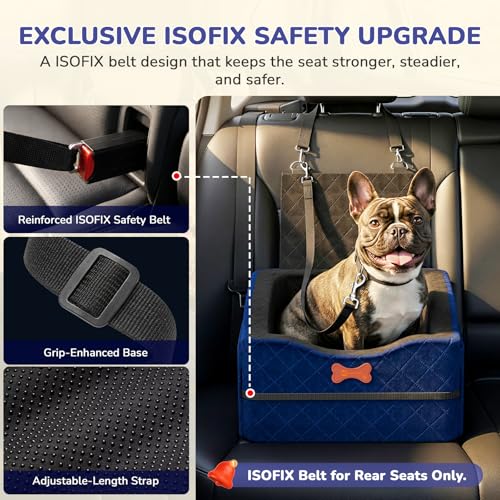 Dog Car Seat for Small Medium Dogs, 6" Elevated Dog Booster Seat with ISOFIX Safety Fixation, Washable Cover & High Density Memory Foam, Portable for Car Front/Rear/Trunk Home Outdoor Use (Navy Blue) - color: Navy Blue, size: Small