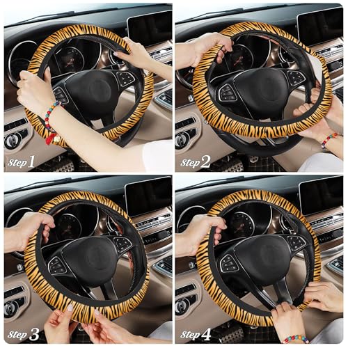 Tiger Stripes Steering Wheel Cover with 2 PCS Cup Coasters for Car,Animal Skin 15 Inch Non-Slip Neoprene Steering Wheel Covers,Breathable Car Accessories Fit for Men Women - color: Tiger Stripes