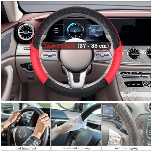Black & Red Car Steering Wheel Cover, Microfiber, Leather Patchwork, Universal 14.5-15 Inch Leather Anti-Slip Breathable Auto Steering Wheel Covers for Men Women - color: Black & Red