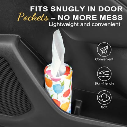 Car Tissue Holder (4 PK) - 50 3-Ply Tissues per Cylinder, Fits Car Cup Holders, Portable Travel Tubes Box Container, Tulip Design, Round Tissue Container for Car Accessories - style: Tulip