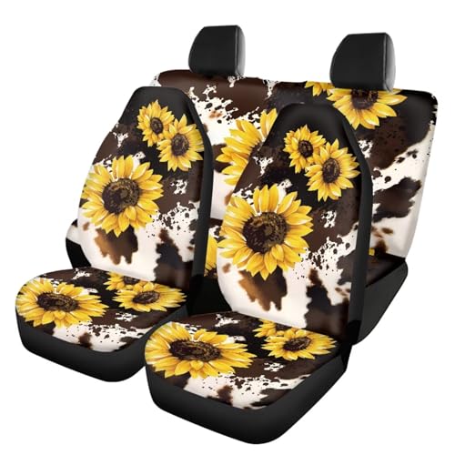 Howilath Cows Sunflowers Print Car Seat Covers Full Set(4 Pack),Split Front Seat and Rear Back Bench Covers Universal for Most Cars Trucks Suvs - color: Cows Sunflowers
