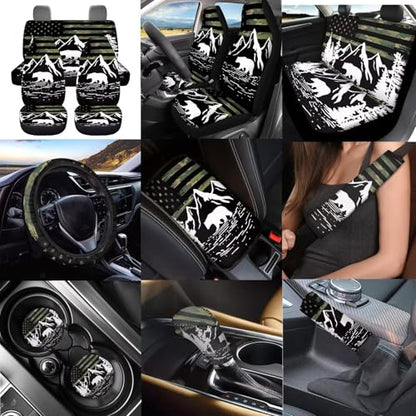 Dreaweet Car Seat Covers Full Set American Flag Mountains Bear Design Seat Covers for Truck SUV Cars with Steering Wheel Cover/Armrest Cover/Seatbelt Covers/Car Coasters/Gear Shift Cover,12 Pcs Set - color: American Flag Mountains Bear