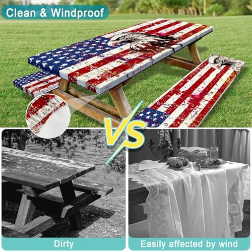 American Flag Picnic Table Cover with Bench Covers Waterproof Windproof Elastic Fitted Outdoor Camping RV Tablecloths with Drawstring Bag Reusable Rectangle Tables and Seats Cover 30X72IN 30X72IN - color: Red, size: 30" x 72" (Rectangular)