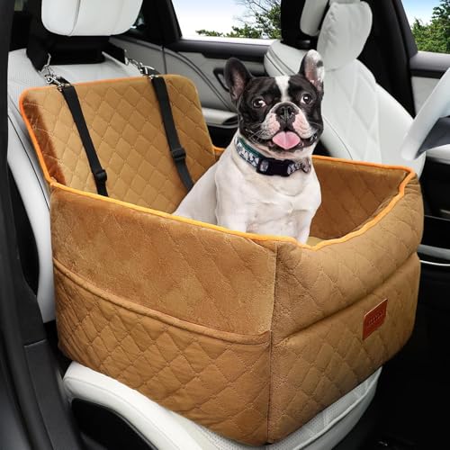 Dog Car Seat for Small Medium Dogs, Memory Foam Dog Booster Seats with Thick Cushion for Dogs Under 35lbs, Detachable Washable Pet Car Seat Travel Bed with Storage Pockets,2 Safety Belt - color: Coffee