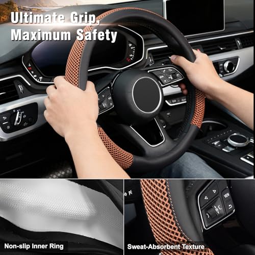 Steering Wheel Cover, Universal 15 inch, Microfiber Leather Viscose, Breathable, Anti-Slip,Warm in Winter and Cool in Summer, Black&Brown - color: brown, size: Standard Size[14.5"-15"]