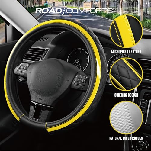 Road Comforts Leather Steering Wheel Cover – Black & Yellow, Universal Fit 14.5-15 Inch, Microfiber Leather, Anti-Slip & Breathable Design for Men and Women - color: Yellow
