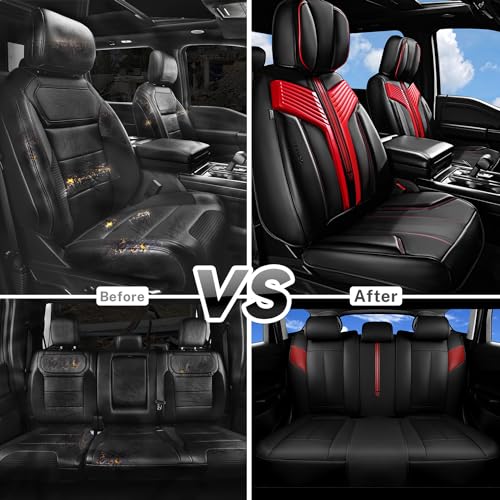 CAR PASS Nappa Leather Seat Covers, Breathable Waterproof Car Seat Covers Full Set, Luxury Leather Front and Back Seats Full Coverage, Universal Fit SUV Pick-up Truck Sedan Automotive(Black Red) - color: Black Red, size: Full Set Full Coverage