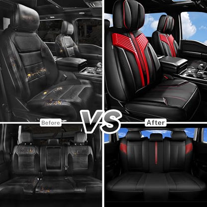 CAR PASS Nappa Leather Seat Covers, Breathable Waterproof Car Seat Covers Full Set, Luxury Leather Front and Back Seats Full Coverage, Universal Fit SUV Pick-up Truck Sedan Automotive(Black Red) - color: Black Red, size: Full Set Full Coverage