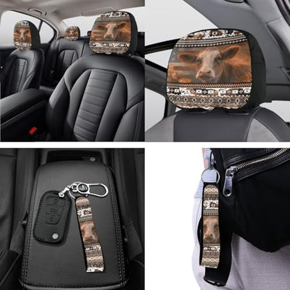 Horeset Car Seat Cover Full Set of 11pcs with Headrest Protector Lanyards Key Chain Cup Pad Gear Shift Knob and Handbrake Sleeve Automotive Seat Cover Accessories Aztec Highland Cow - color: Aztec Highland Cow