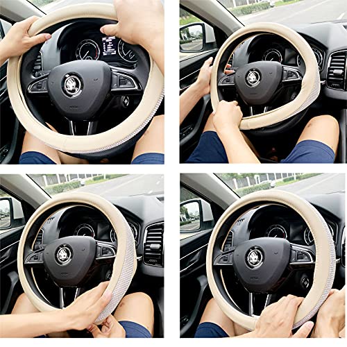 Beige Universal Non-Slip Crystal Steering Wheel Cover with PU Leather and Bling Diamond Rhinestones,Decorative Sparkly Car Accessories case,15''
