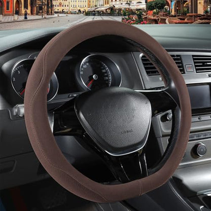 Brown Suede D Shaped Steering Wheel Cover, Breathable Non-Slip Sweat-Proof Wear-Resistant No Pilling, Warm in Winter and Cool in Summer, Universal 15 inch - color: Brown, size: D Shape-M[14.5''-15'']