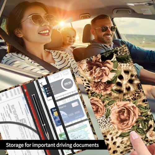 Premium Car Registration and Insurance Card Holder, Cute PU Leather Car Document Holder, Vehicle Glove Box Car Organizer with Magnetic Closure for Driver License, Cards Leopard Roses - color: Cards Leopard Roses