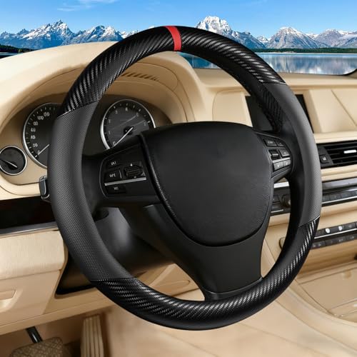 Black Carbon Fiber Leather Steering Wheel Cover, Microfiber Leather, Anti-Slip, Breathable, Universal Fit for 14.5–15 in Steering Wheel Cover for Men Women - color: Splicing Carbon Fiber - Black