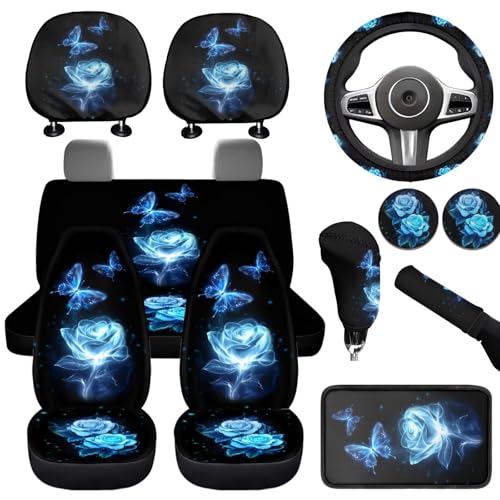 Romantic Blue Rose Print Car Seat Covers Full Set for Men Women 12pcs Steering Wheel Cover Armrest Pad Gear Shift Cover Car Accessories Set for Cars Seat Covers with Headrest Covers - color: Romantic Blue Rose
