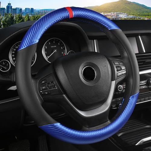 Carbon Fiber Steering Wheel Cover, Universal 15 Inch for Men Women, Breathable Microfiber Leather, Anti-Slip Inner Lining, Sporty Design, Cool in Summer Warm in Winter (Carbon Fiber Blue) - color: Blue, size: Standard size[14.5"-15"]