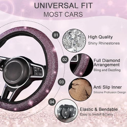 NBTEPEM 12 Pcs Bling Car Accessories Set for Women Car Floor Mats Full Set Steering Wheel Cover Seat Belt Covers Coasters Universal Fit Car SUV Truck Van Pink