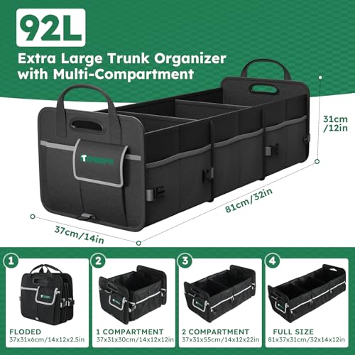Heavy-Duty Trunk Organizer & Multi-Compartment Storage Box for SUV/Sedan/Minivan,600D Waterproof Oxford,2 Securing Hooks & Reflective Strips-Large Capacity Organiser(92L) - size: 92l (Organizer Only)
