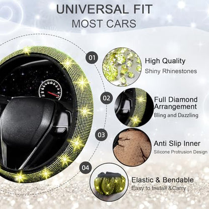 NBTEPEM 27 PCs Yellow Bling Car Accessories Set for Women, Steering Wheel Covers Universal Fit 15 Inch, Bling License Plate Frame, Bling Phone Holder, Bling Car Coasters (Yellow Diamond) - color: Yellow Diamond