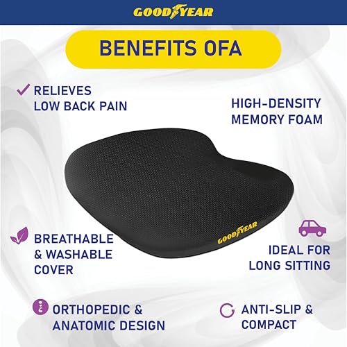 Goodyear Memory Foam Car Seat Cushion – Gel Seat Cushions for Office Chairs, Tailbone Pain Relief Cushion, Cooling Pillow, Slim Fit Car Seat