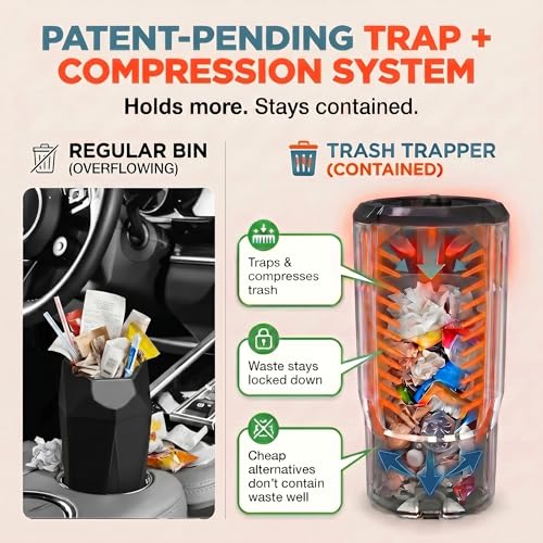 Trash Trapper Car Trash Can Cup Holder | Mini Car Trash Can | Fits in Most Doors | 5.1" x 2.9" | Traps More & Empties Less, Patent-Pending Compaction, Gifts for Men, Black/Grey