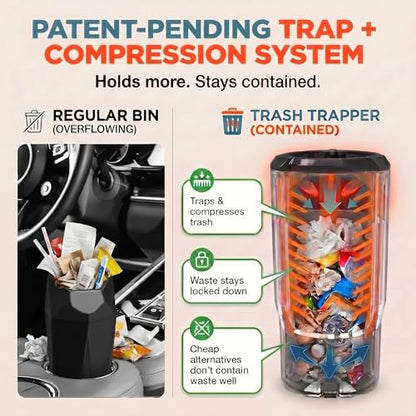 Trash Trapper Car Trash Can Cup Holder | Mini Car Trash Can | Fits in Most Doors | 5.1" x 2.9" | Traps More & Empties Less, Patent-Pending Compaction, Gifts for Men, Black/Grey
