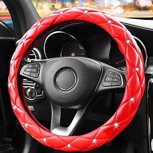 YOGURTCK Cute Diamond Soft Leather Anti-Slip Steering Wheel Cover with Bling Bling Crystal Rhinestones, Universal 15 Inch for Women Girls, Fit Vehicles, Sedans, SUVs, Vans, Trucks - Red - color: A-Red