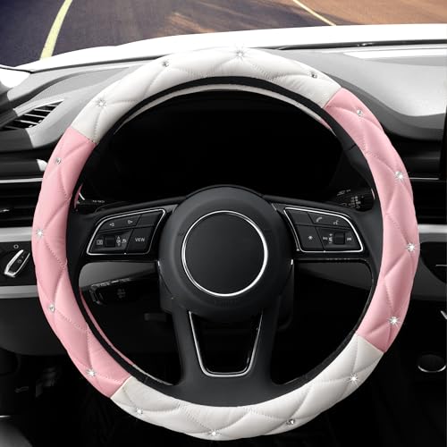 YOGURTCK Cute Diamond Soft Leather Steering Wheel Cover with Bling Bling Crystal Rhinestones, Universal 15 Inch for Women Girls, Fit Vehicles, Sedans, SUVs, Vans, Trucks - Light Pink and White - color: A-Baby Pink and White