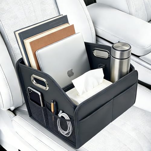 Car Storage Basket, Foldable with Removable Dividers, PU Leather Seat Organizer with Metal Handle, Non-Slip Stable Design, Passenger Front Seat Storage for Back Seat & Floor, 12.6 Inches
