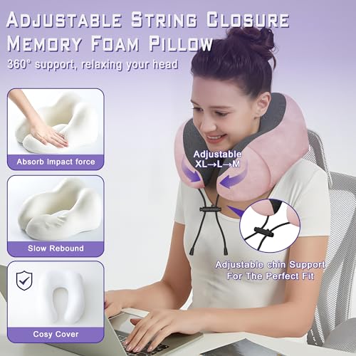 Neck Travel Pillow, Upgraded Memory Foam Pillow for Airplane, Machine Washable, Adjustable Flight Pillow, Suitable for Sleeping Airplane, Car, Office and Home (Pink)